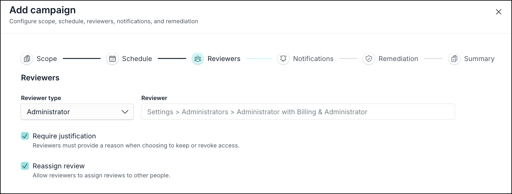 Campaign creation wizard Reviewers step
