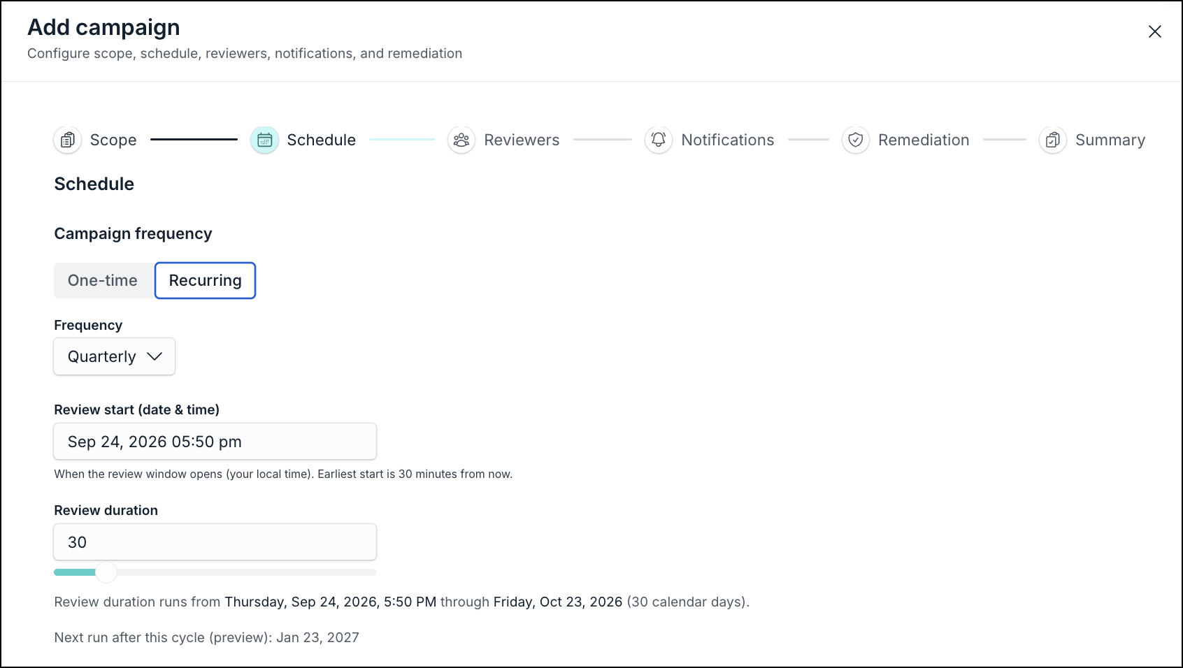 Campaign creation wizard Schedule step