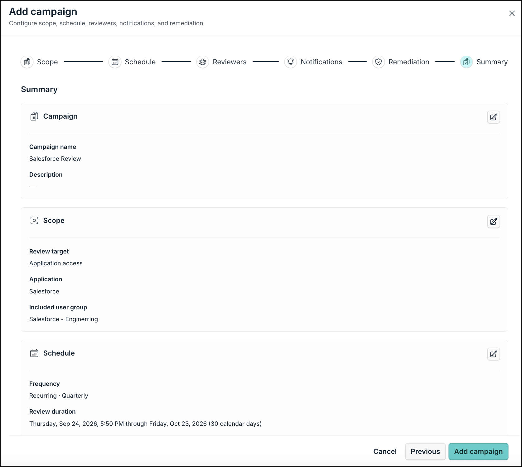 Campaign creation wizard Summary step