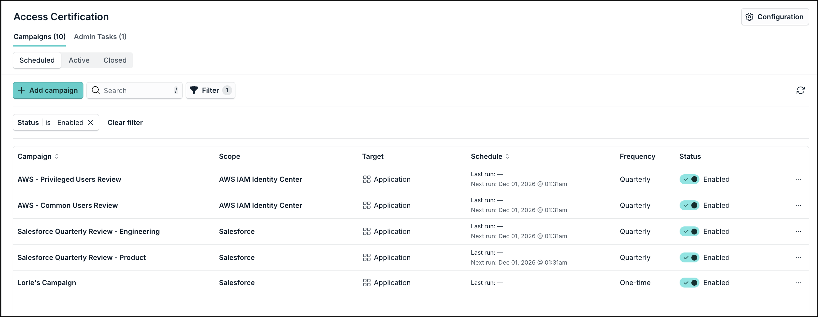 Access Certification Campaigns page in the JumpCloud Admin Portal