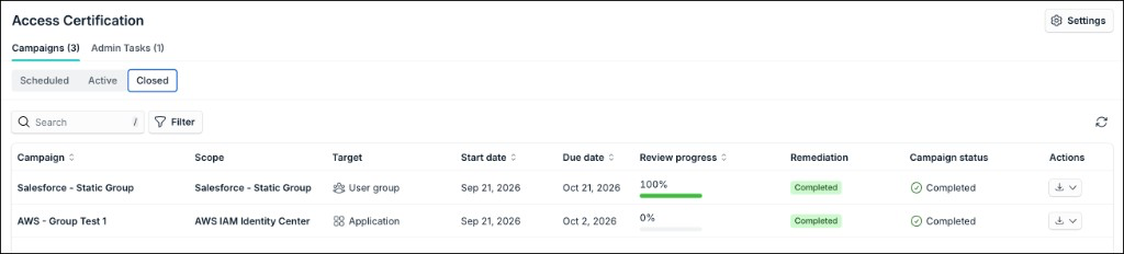 Closed tab in Access Certification with download actions