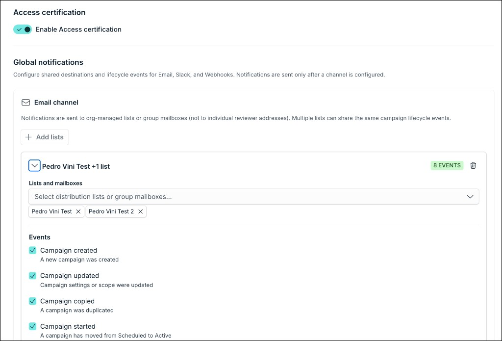 Access Certification Settings page
