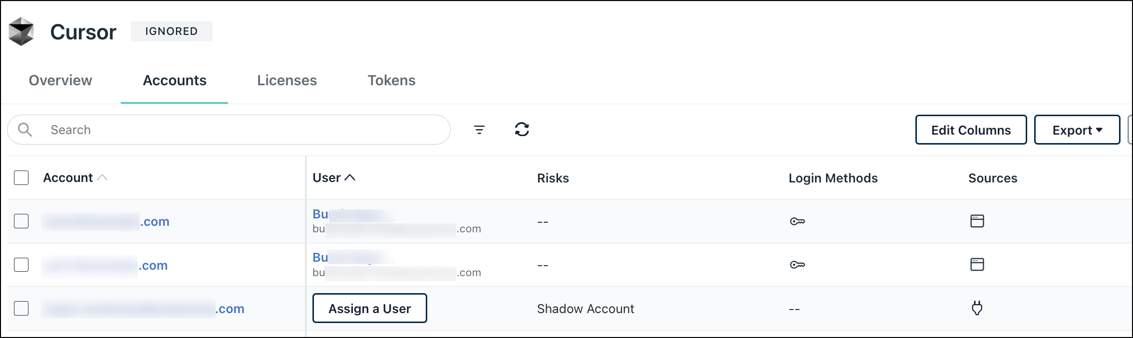 A list of Cursor user accounts labeled as either managed or shadow accounts.