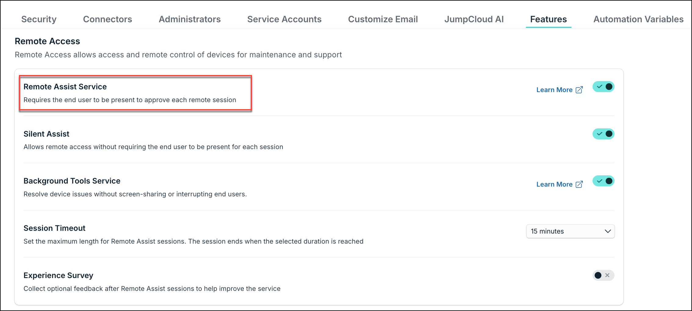 JumpCloud Settings Features tab showing Remote Assist Service toggle