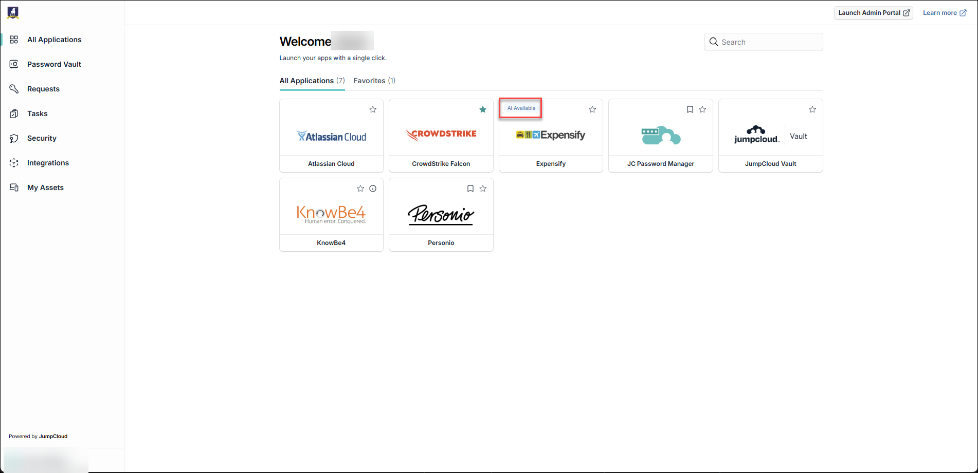 User Portal All Applications showing AI Available badge