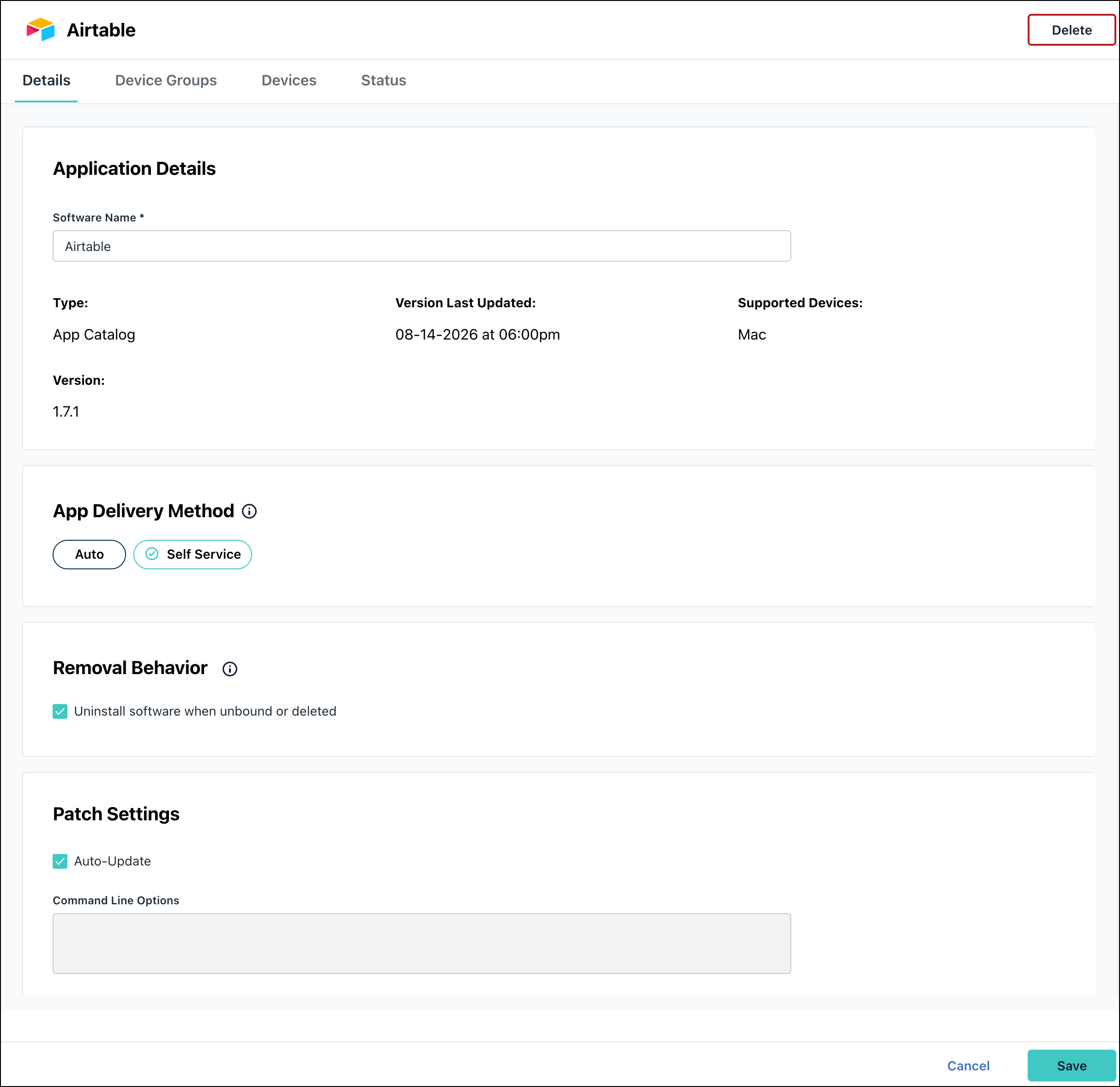JumpCloud Application Details screen for Airtable, showing app delivery method, removal behavior, and patch settings.