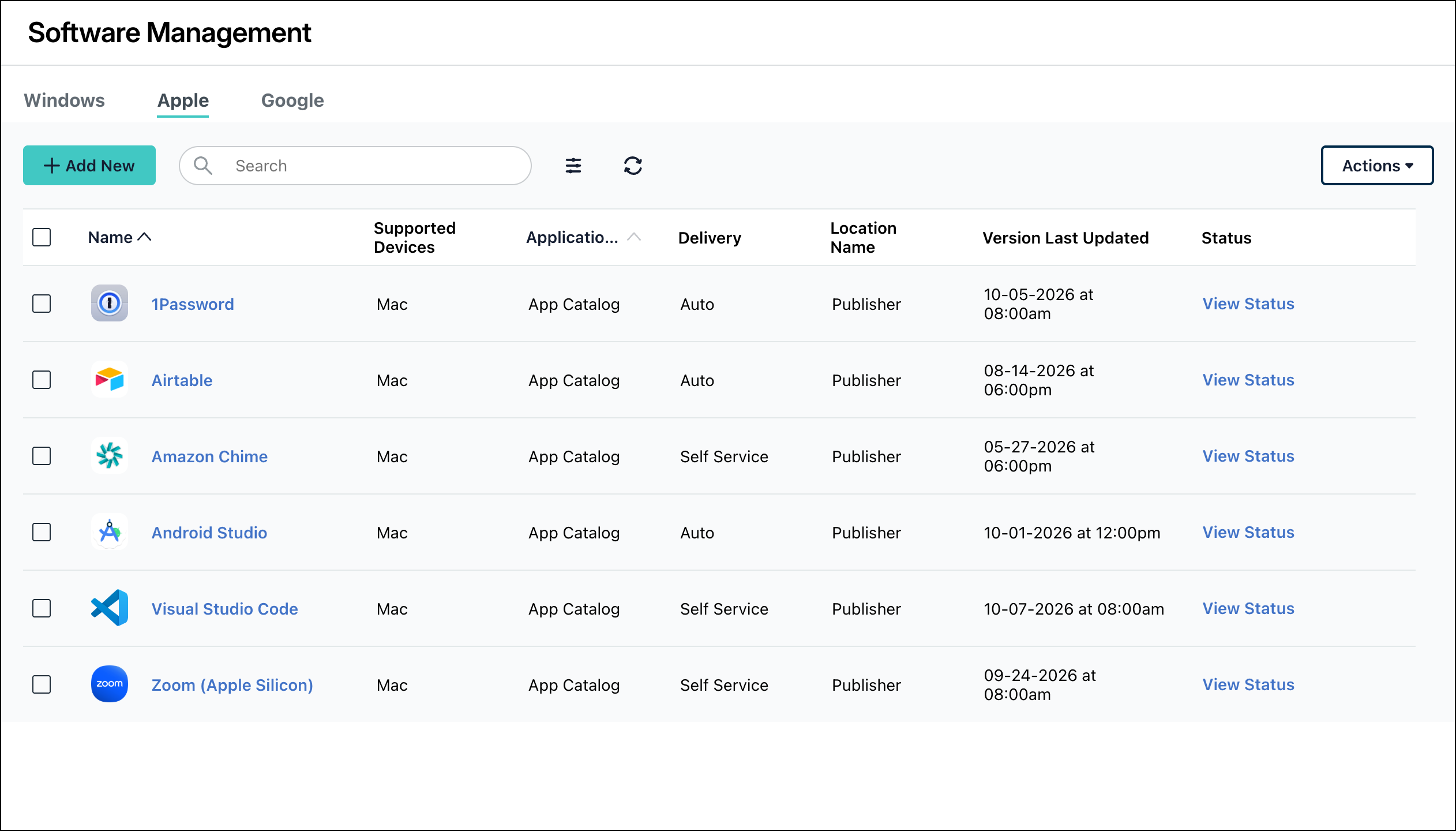 JumpCloud Software Management Apple tab list of applications.