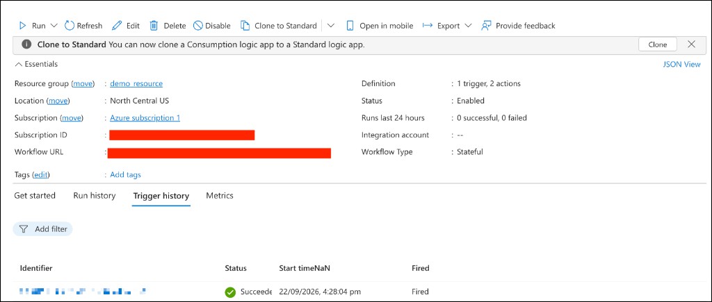 This image displays the Azure Logic App overview page after creation.