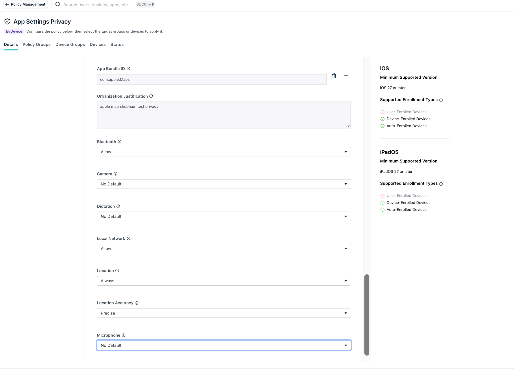 Privacy permissions for the App Settings Privacy policy