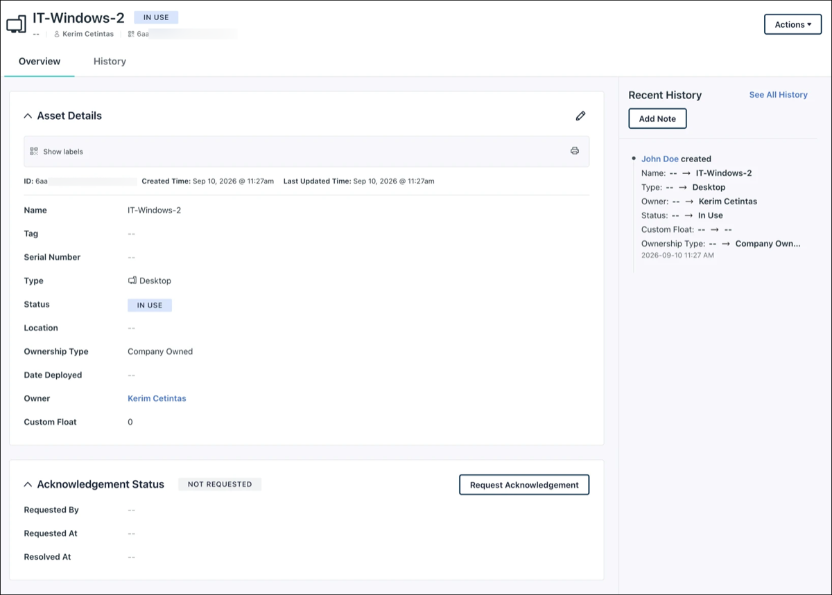 Screenshot of an asset detail view in Asset Management showing the Acknowledgement Status section and the Request Acknowledgement button.