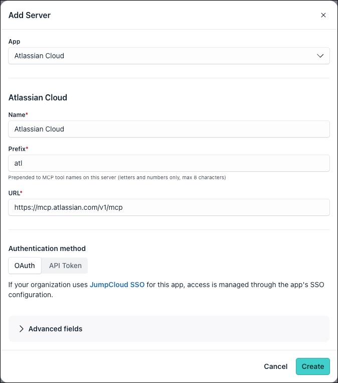 Add Server modal with MCP authentication method options selected.