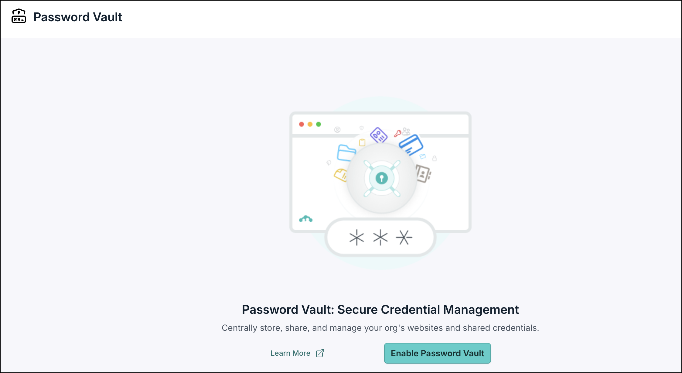 A screenshot showing 'Enable Password Vault' screen in the JumpCloud Admin portal