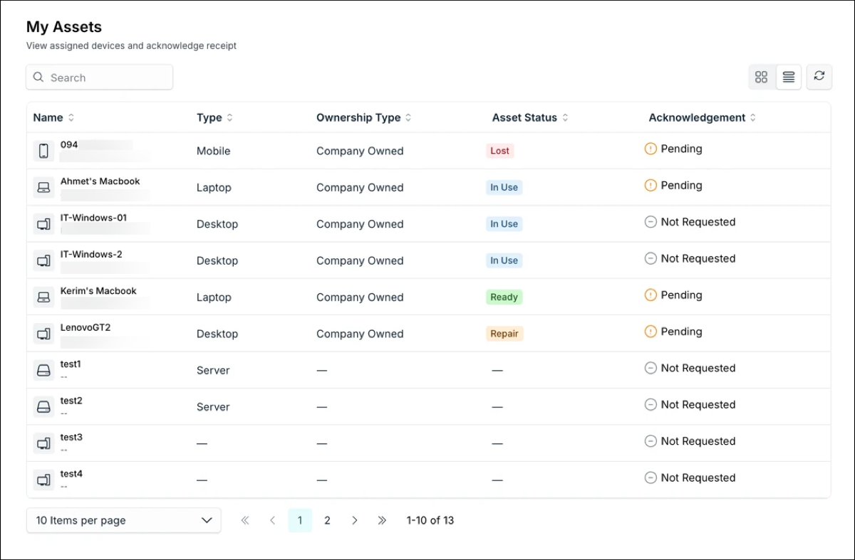 Screenshot of the My Assets page in the User Portal showing a list of assigned devices and acknowledgement status.