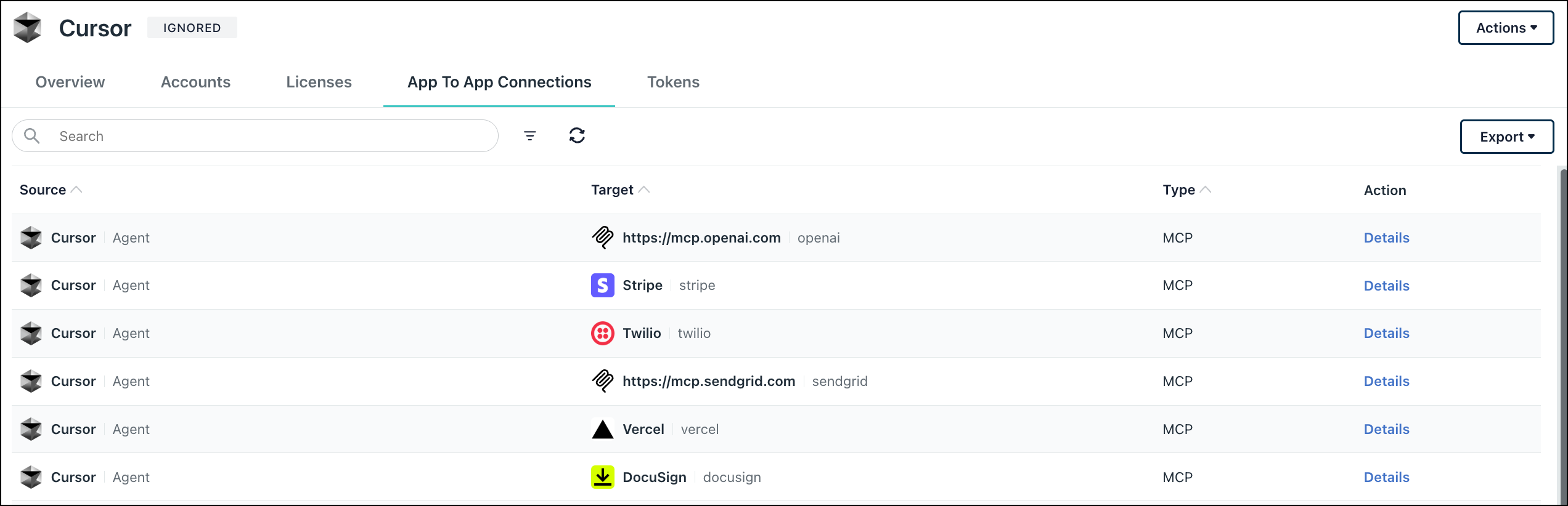 Cursor App To App Connections tab in JumpCloud AI & SaaS Management listing MCP connections with a Details link in the Action column.