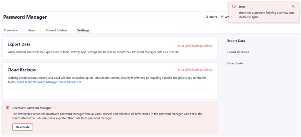 A page showing Settings in JumpCloud admin console.
