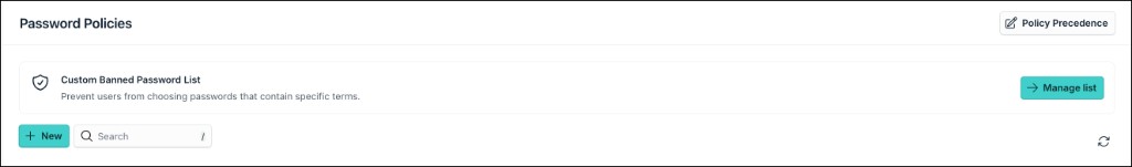 Password Policies page showing the Custom Banned Password List section with Manage list button.