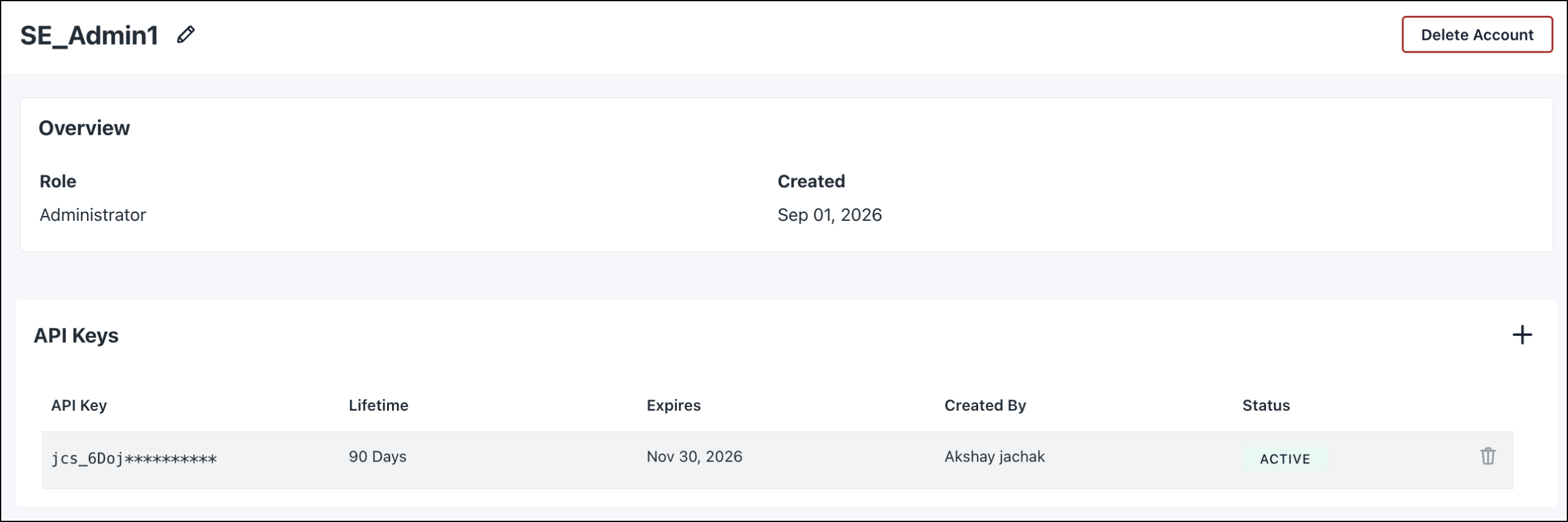 A screenshot showing API key details in service account.