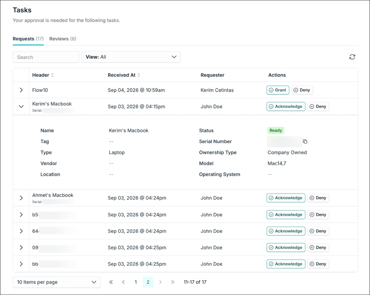 Screenshot of the Tasks page in the User Portal showing an asset acknowledgement request with Acknowledge and Deny actions.