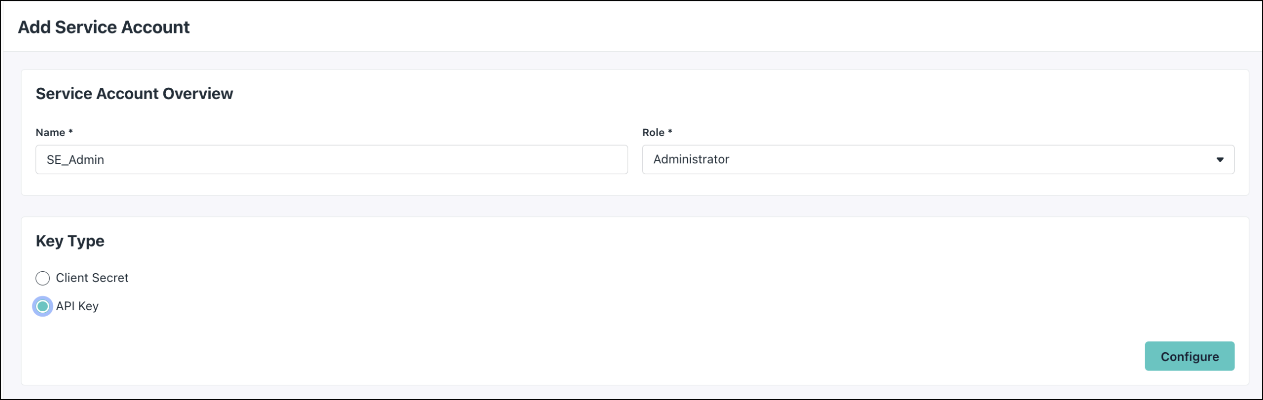 A screenshot showing API key selection for service account