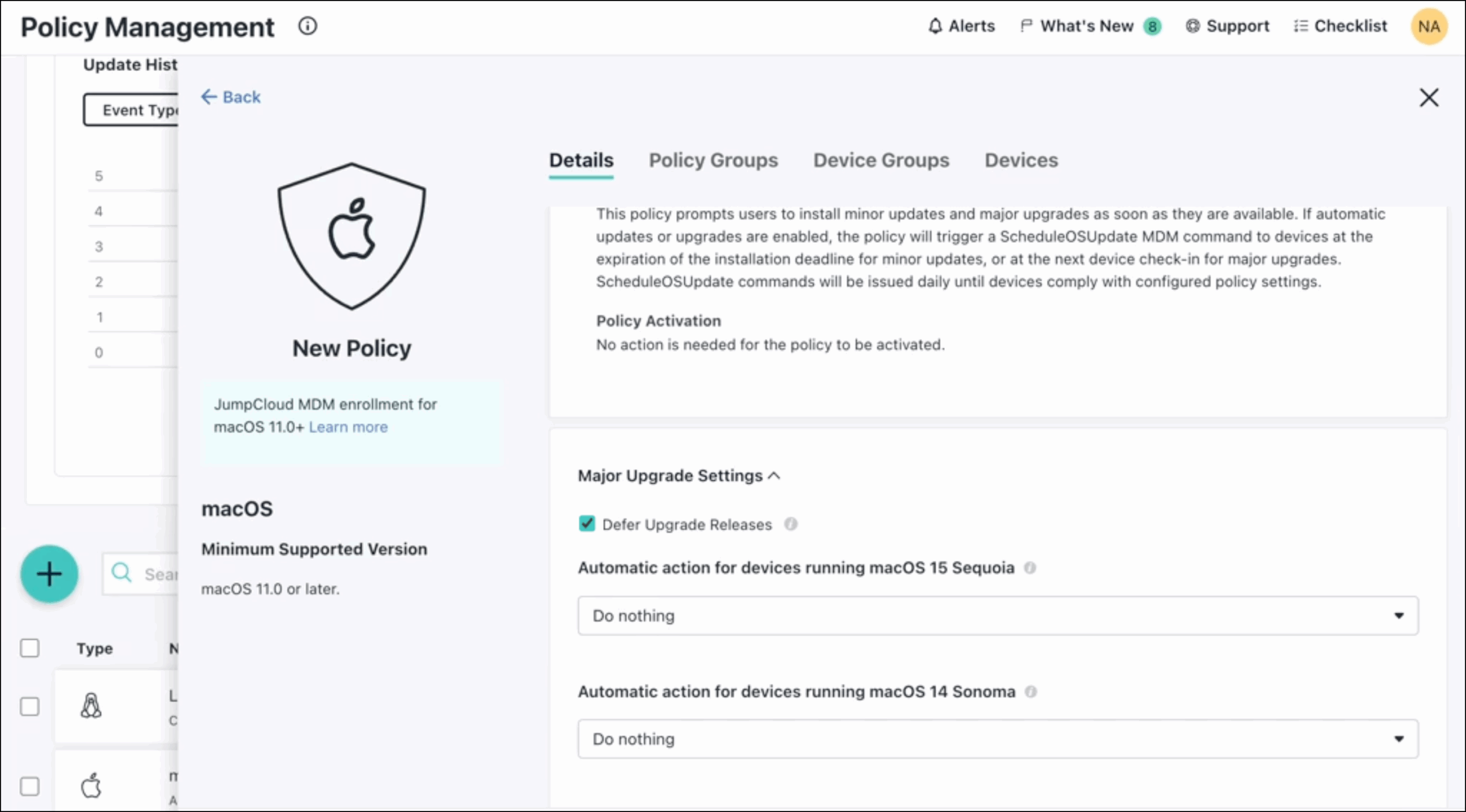 Configuring JumpCloud legacy Patch Management for macOS to Defer Upgrade Releases.