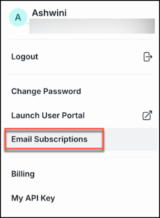 Profile menu with Email Subscriptions selected