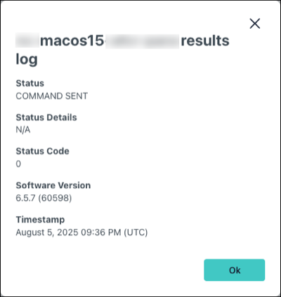 Command results log showing status details, code, and timestamp.