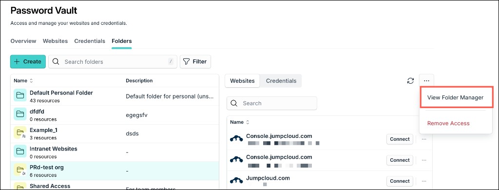 A screenshot showing View Folder Manager in Password Vault.