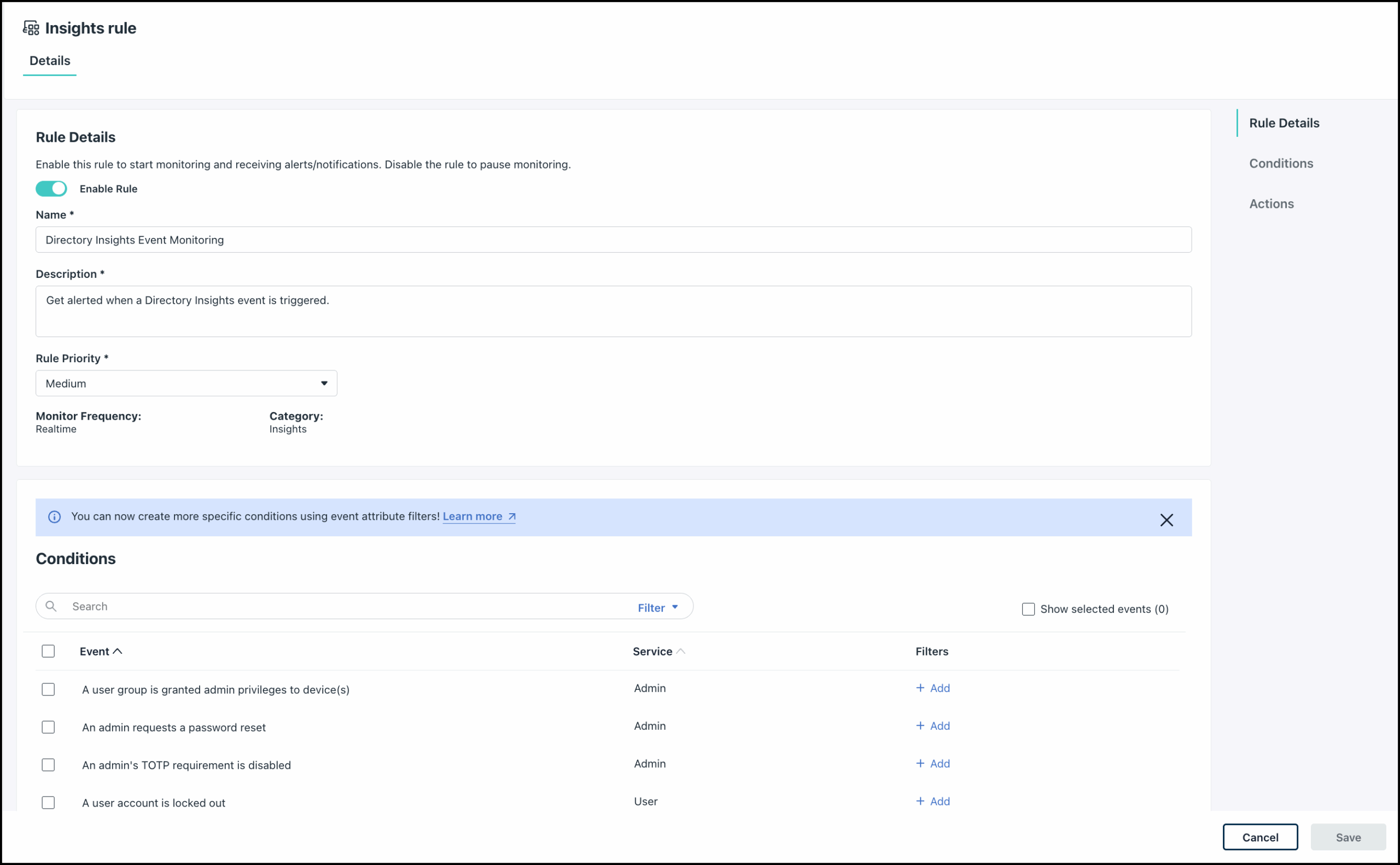 The image displays the insights rule creation page