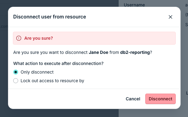 Disconnect user from resource dialog.