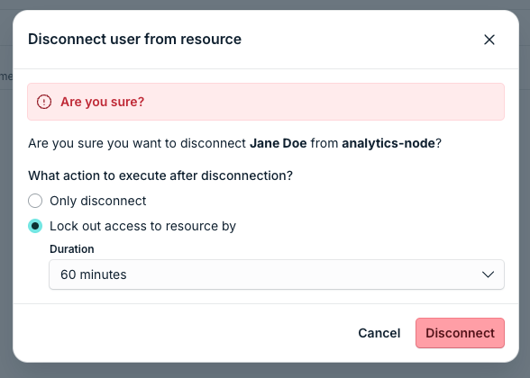 Disconnect user from resource dialog.