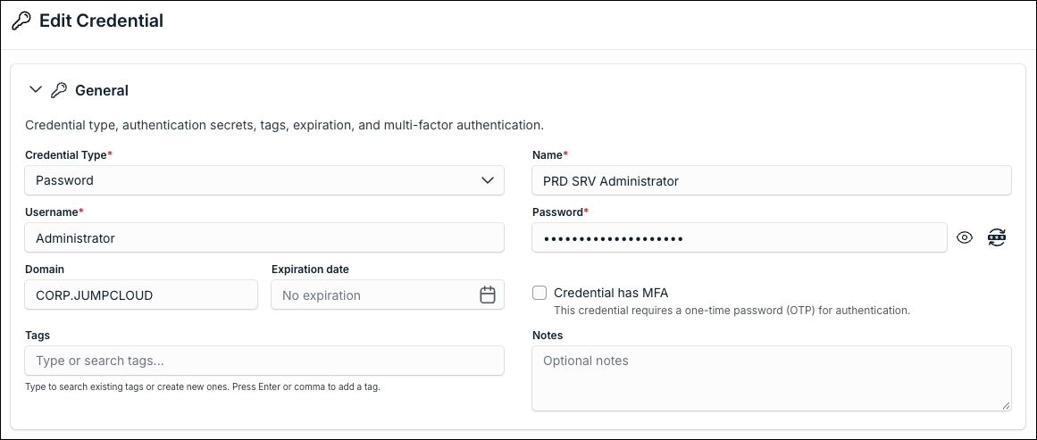JumpCloud Admin Portal credential edit screen for the RDP resource credential