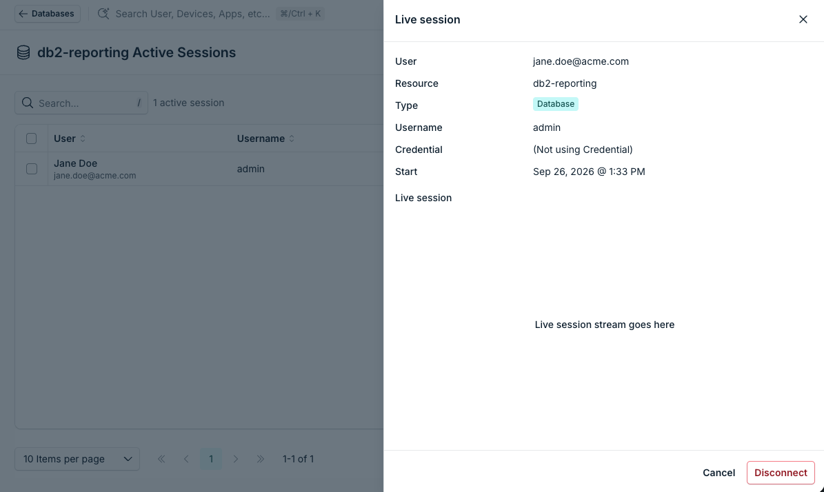 Live session drawer for a database session.