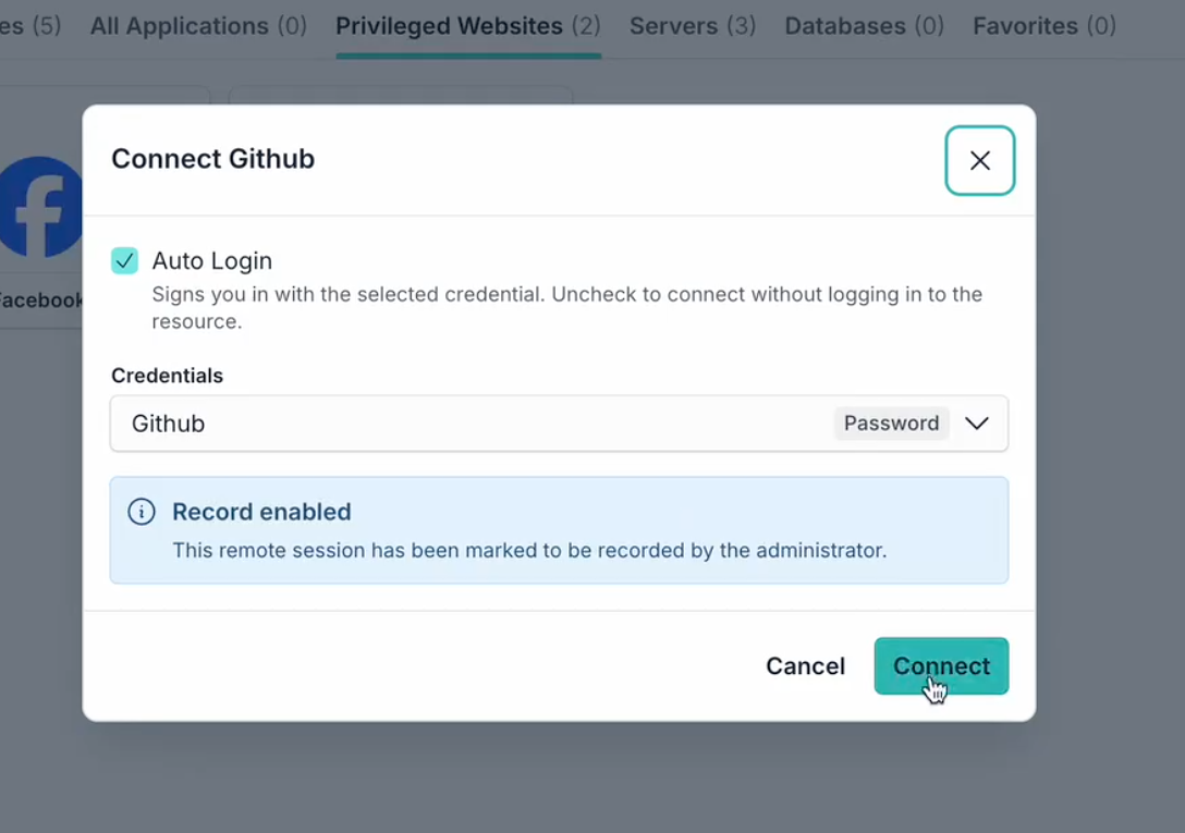 User Portal Connect dialog showing Record enabled notice, Auto Login, and Connect