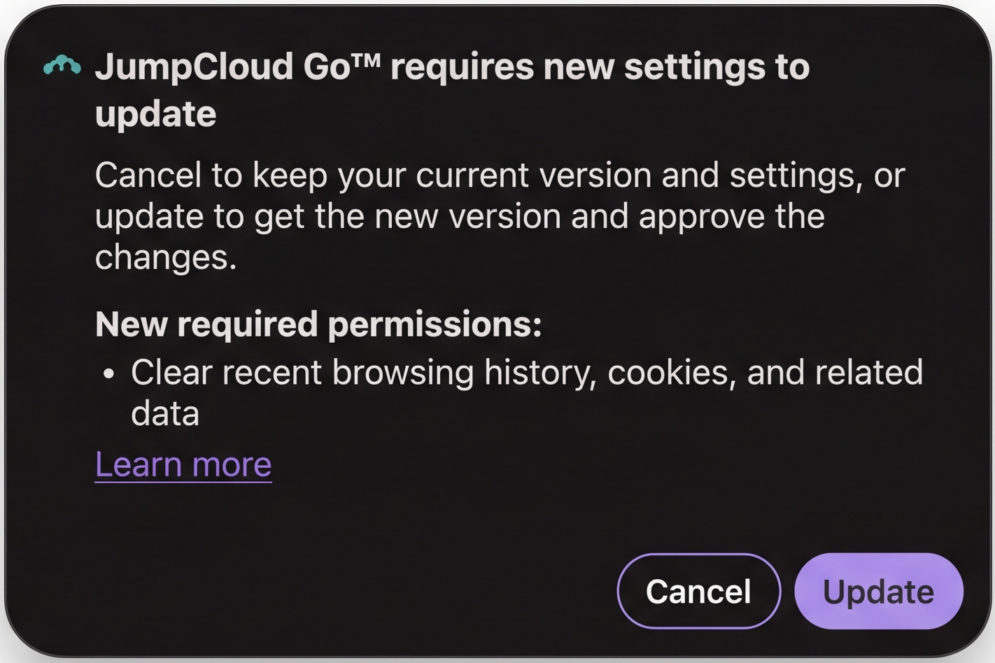 Firefox prompt JumpCloud Go™ requires new settings to update with Cancel and Update