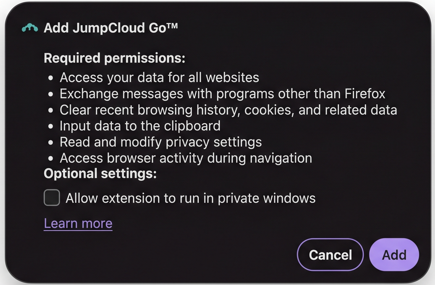 Firefox first-time install permission prompt for JumpCloud Go™