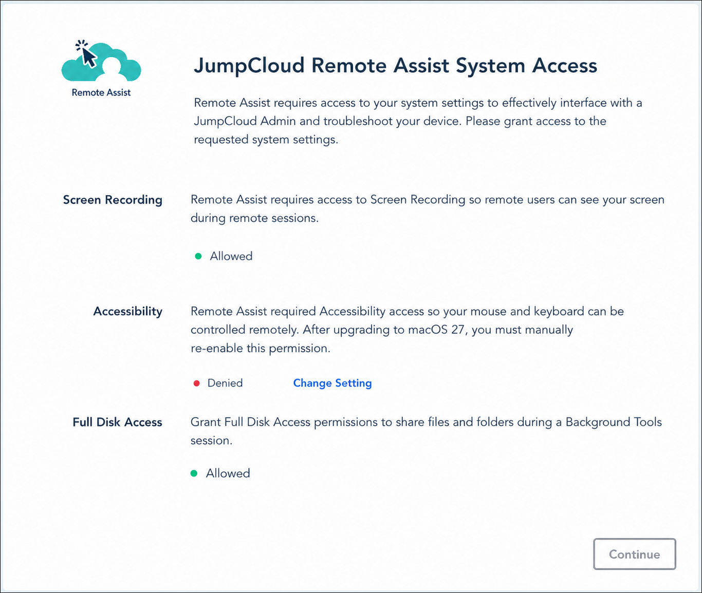 A screenshot showing the remote assist system access permissions
