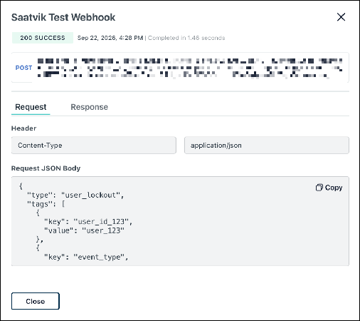 This image displays a successful JumpCloud webhook test request.