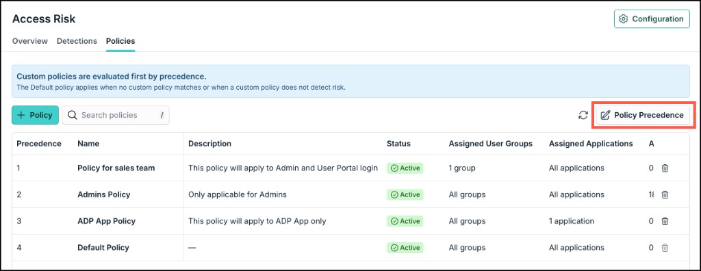 The image displays the Policy Precedence button on the Access Risk Policies page