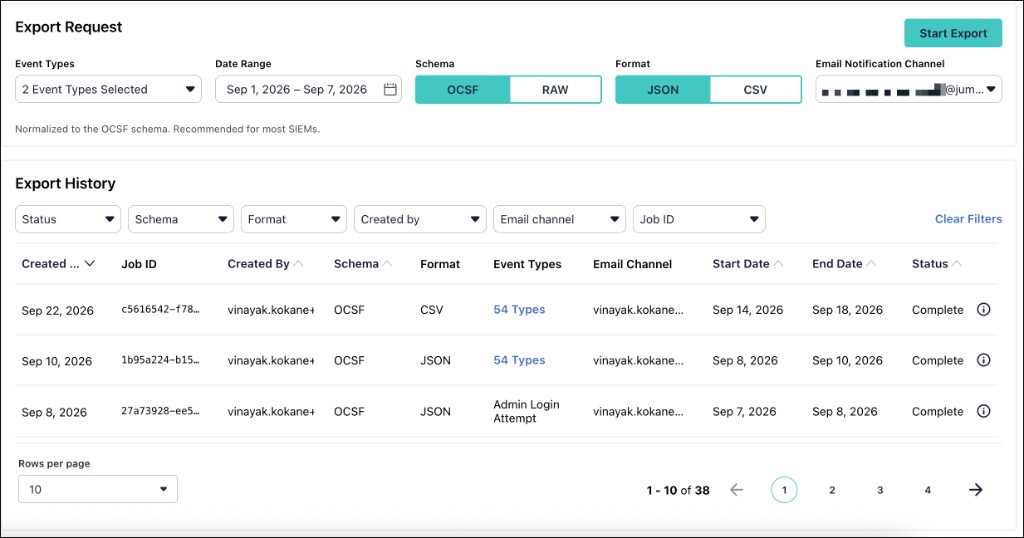 Export Request form filled in with Start Export enabled.