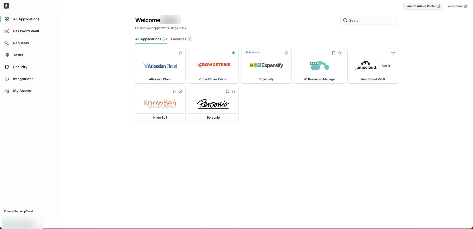 User Portal All Applications showing AI Available and Favorite badges on application tiles
