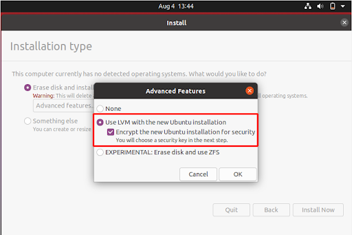 Ubuntu 20.04 installation type window select LVM with the new Ubuntu installation