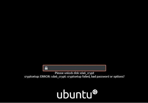 Ubuntu 20.02 full disk encryption new installation incorrect password screen