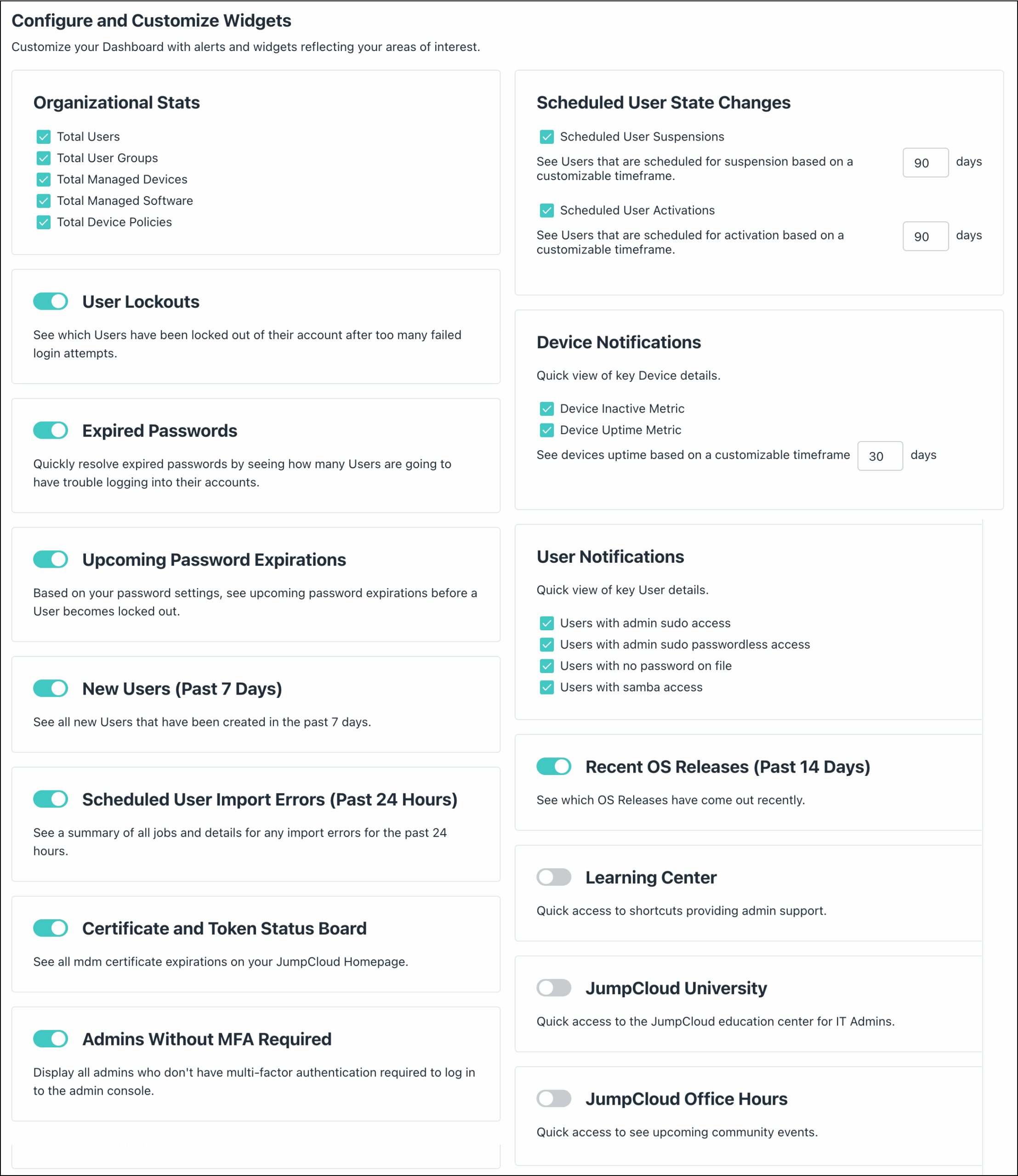 Configuration menu for JumpCloud Homepage widgets with various toggles for Organizational Stats, Alerts, and Notifications.