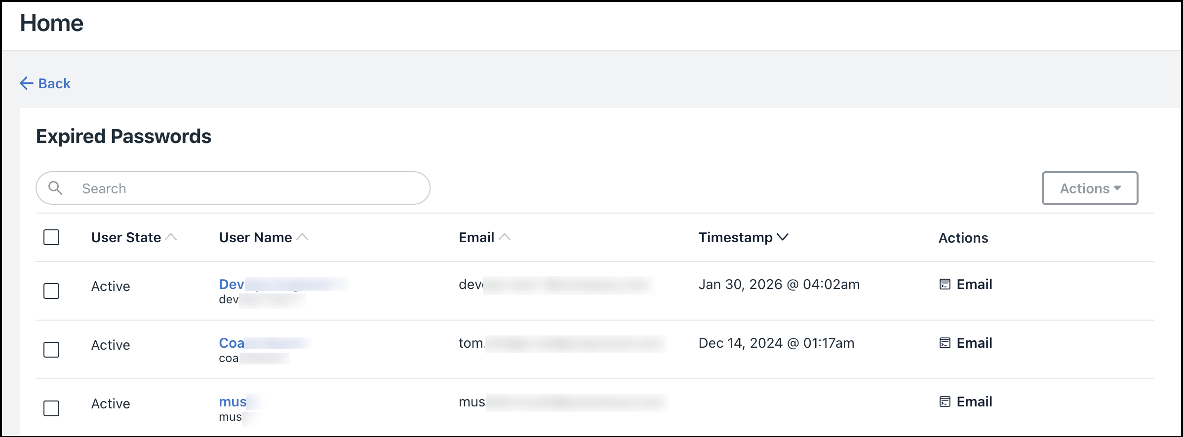 Investigation page in the JumpCloud Admin Portal listing active users with expired passwords and options to send reset emails.