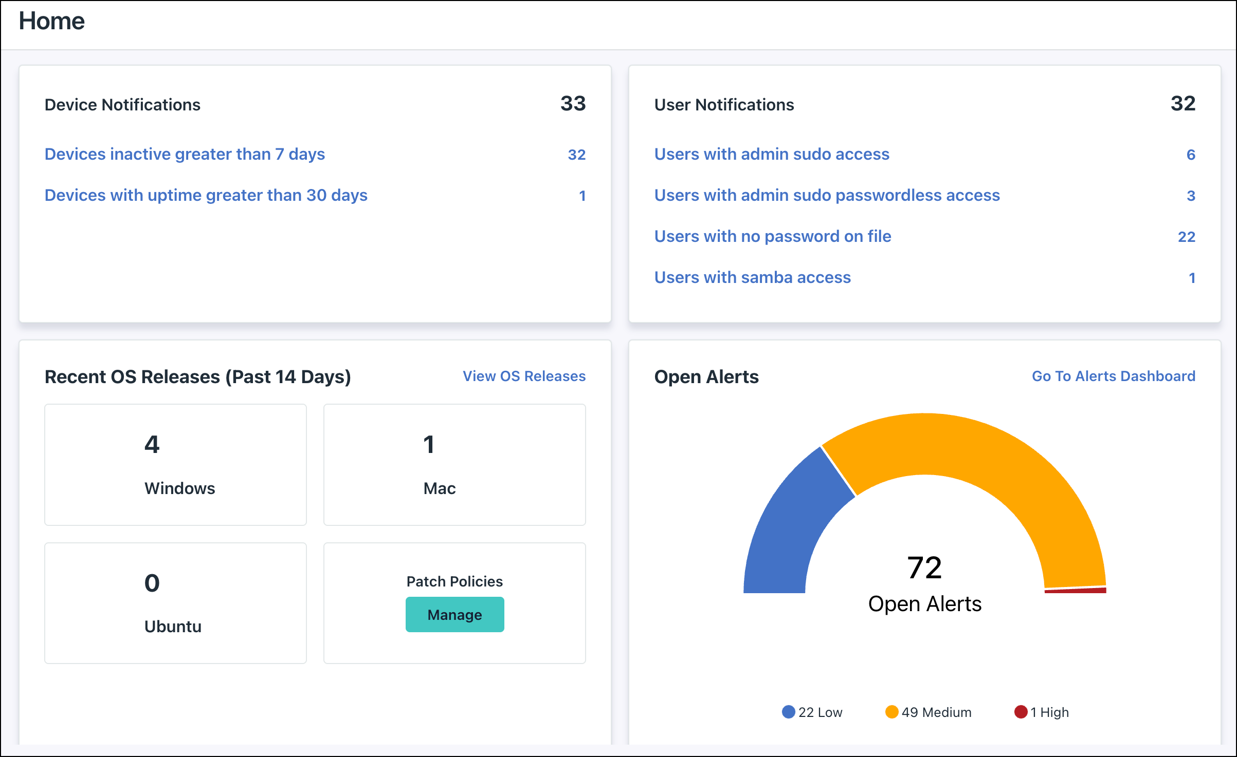 Dashboard view of Device and User Notifications, Recent OS Releases, and a gauge for Open Alerts.