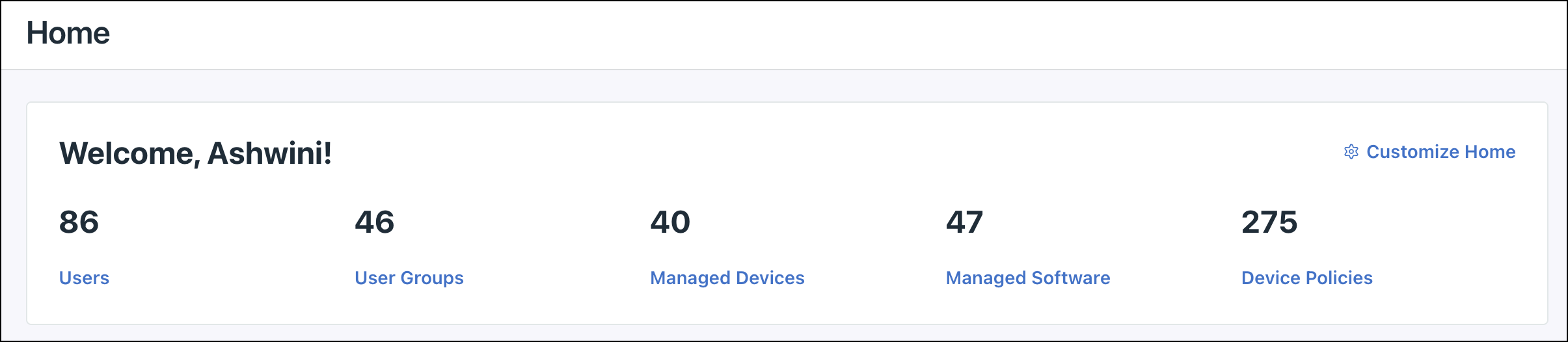 JumpCloud Admin Portal Home page showing high-level administration metrics for Users, User Groups, Managed Devices, Managed Software, and Device Policies.
