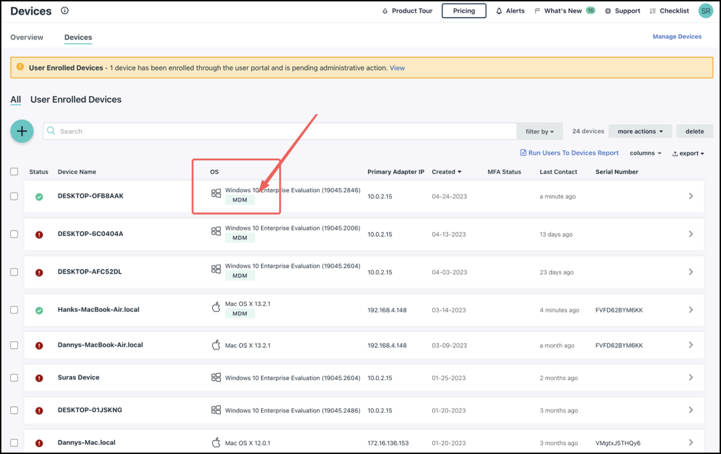 A screenshot showing MDM windows device list in JumpCloud Admin portal.