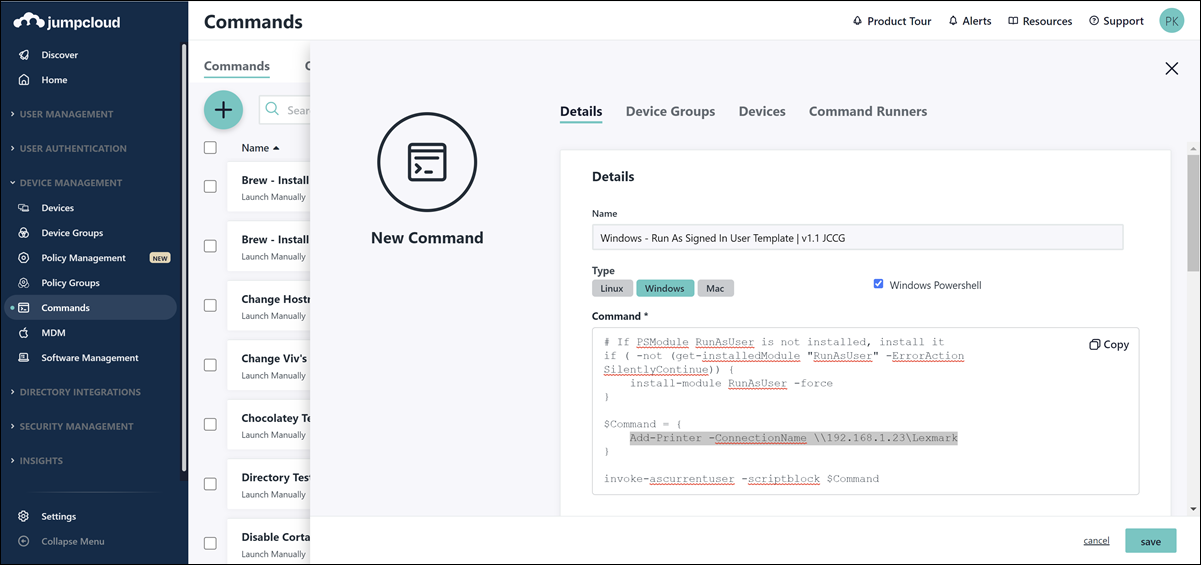 Use a Command Template to add a Printer on Windows Devices - JumpCloud