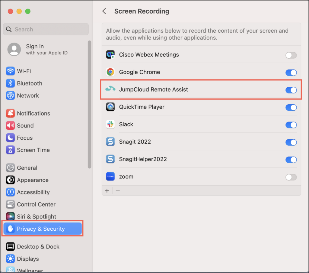 Grant Screen Recording to Remote Assist on macOS - JumpCloud