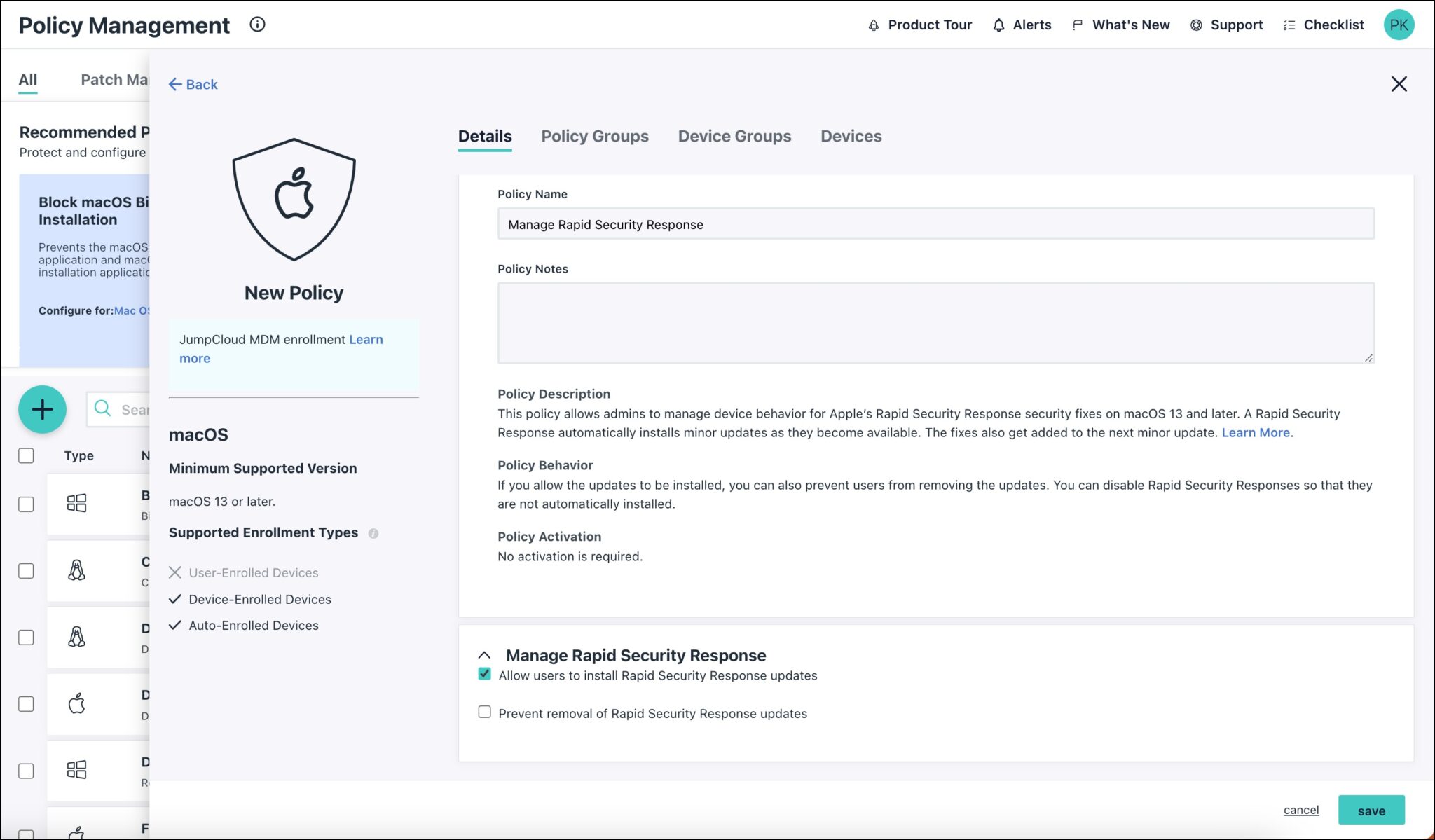 Create a Mac or iOS Rapid Security Response Policy JumpCloud